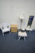 A SELECTION OF MISCELLANEOUS FURNITURE, to include a modern white concave dressing stool, oak nest