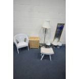 A SELECTION OF MISCELLANEOUS FURNITURE, to include a modern white concave dressing stool, oak nest