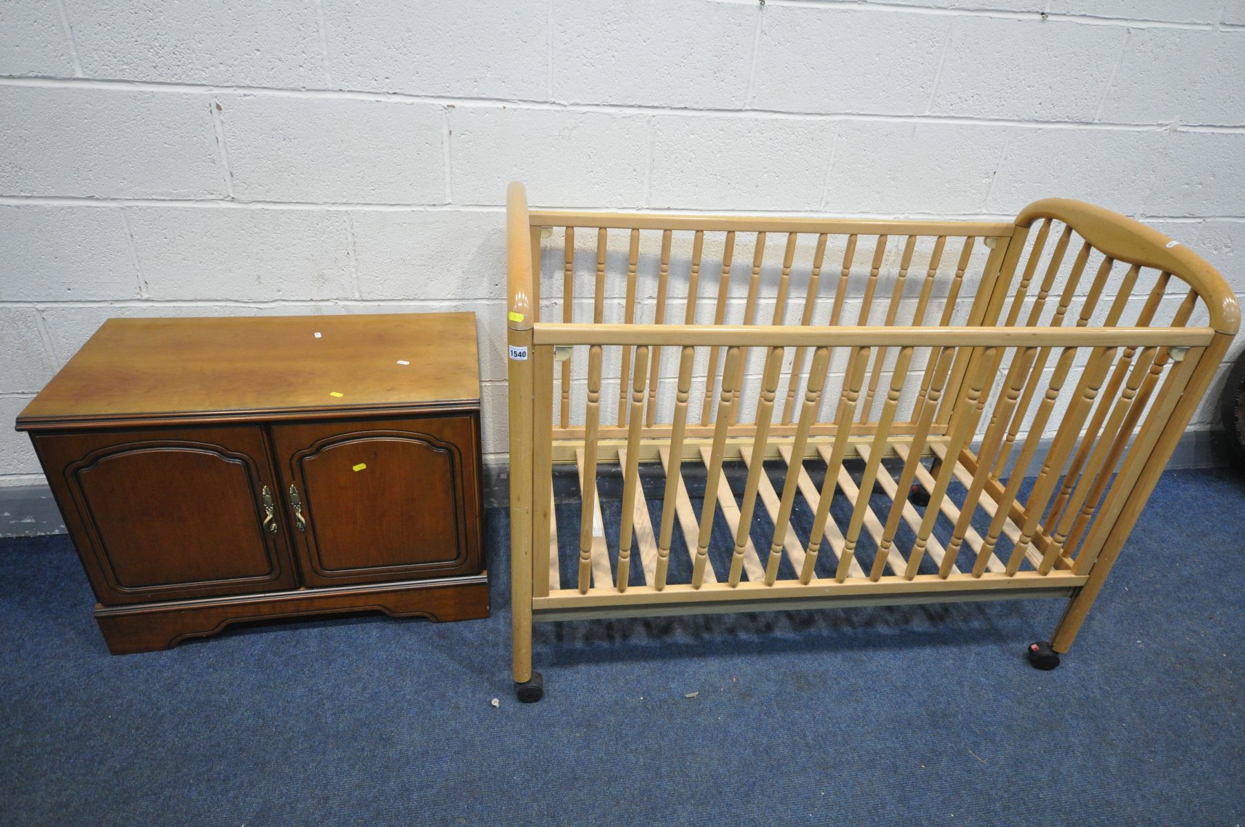 A COSATTO BEECH COT, length 126cm x depth 63cm x height 97cm, and a modern tv cabinet (2)