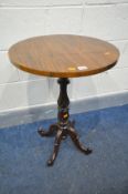 A VICTORIAN STYLE ROSEWOOD CIRCULAR OCCASIONAL TABLE, on turned fluted support, and four scrolled