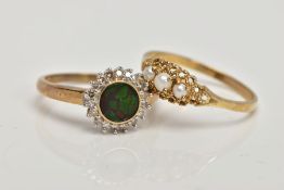 A 9CT GOLD AMMOLITE AND DIAMOND RING AND A ANOTHER 9CT GOLD RING, the first ring designed with a