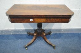 A REPRODUCTION REGENCY STYLE MAHOGANY AND INLAID CARD TABLE, canted corners, the fold over top