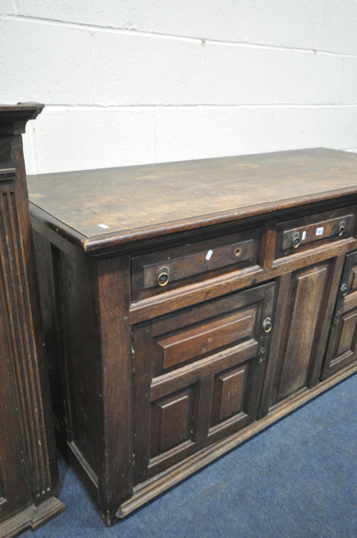 A GEORGIAN OAK DRESSER BASE, width 163cm x depth 63cm x height 87cm and a Georgian oak hanging - Image 3 of 4