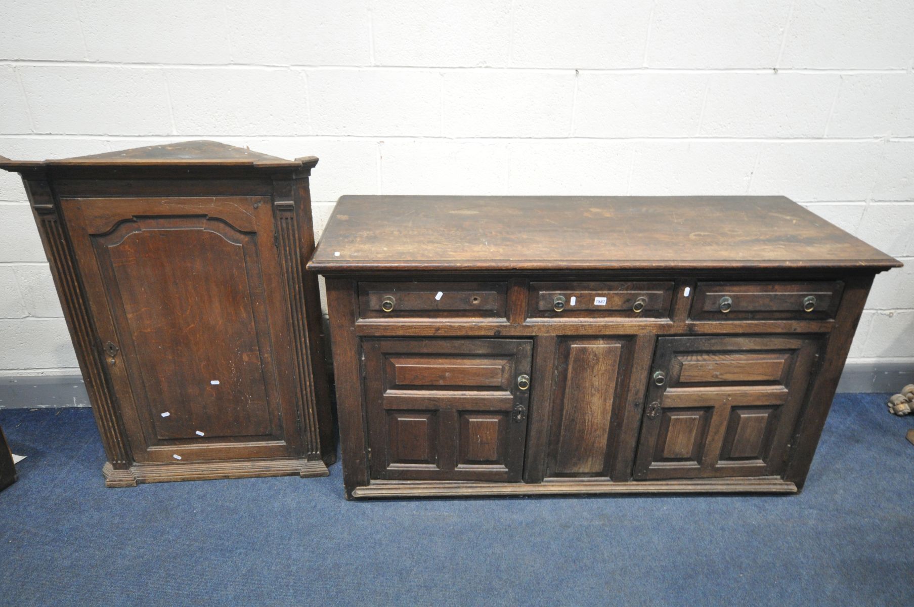 A GEORGIAN OAK DRESSER BASE, width 163cm x depth 63cm x height 87cm and a Georgian oak hanging