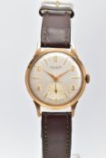 A GENTLEMENS 9CT GOLD WRISTWATCH, hand wound movement (in need of attention, non-running), round