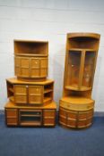 FOUR VARIOUS NATHAN MID-CENTRURY TEAK FURNITURE, to include a glazed corner bookcase, a low corner