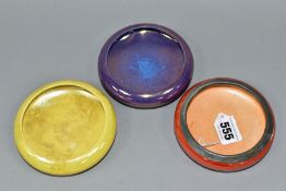 THREE SMALL MOORCROFT POTTERY LUSTRE DISHES, comprising orange lustre with metal rim (chip to base