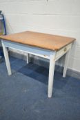 A PAINTED PINE AND STAINED TOP KITCHEN TABLE, with a single drawer, length 105cm x depth 74cm x