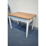 A PAINTED PINE AND STAINED TOP KITCHEN TABLE, with a single drawer, length 105cm x depth 74cm x