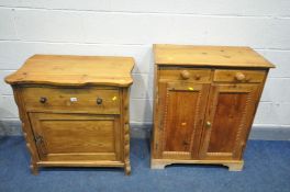 A PINE SINGLE DOOR CABINET with a single drawer, width 74cm x depth 46cm x height 76cm (key) and a