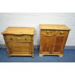 A PINE SINGLE DOOR CABINET with a single drawer, width 74cm x depth 46cm x height 76cm (key) and a