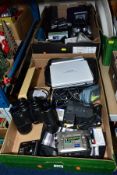 TWO BOXES OF CAMERAS AND ELECTRONICS, to include a pair of Omiya 10 x 50 binoculars, a Panasonic