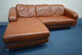 A LIGHT BROWN LEATHER CORNER SOFA, on shaped chrome legs, length 227cm x max depth 154cm x height