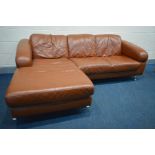 A LIGHT BROWN LEATHER CORNER SOFA, on shaped chrome legs, length 227cm x max depth 154cm x height