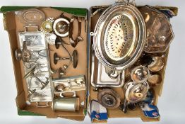 TWO BOXES OF ASSORTED WHITE METAL WARE, to include an oval hot plate, a rectangular entree dish with