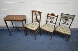 AN EDWARDIAN MAHOGANY AND INLAID OCCASIONAL TABLE, on square tapered legs united by a raised cross