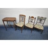 AN EDWARDIAN MAHOGANY AND INLAID OCCASIONAL TABLE, on square tapered legs united by a raised cross