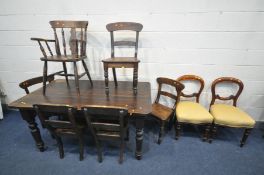 A STAINED PINE REFECTORY TABLE on turned legs, length 160cm x depth 91cm x height 78cm, and five bar