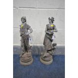 A PAIR OF MALE AND FEMALE SPELTER FIGURES, height 54cm