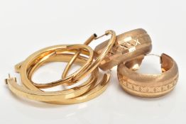 THREE PAIRS OF 9CT GOLD HOOP EARRINGS, the first of plain design, the second with matt finish and