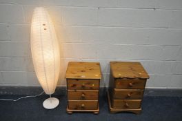 TWO PINE THREE DRAWER BEDSIDE CABINETS and an Ikea lamp (3)