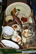 A BOX OF DEVON MOTTO WARE ETC, to include cups, cheese dish with cover, egg cups, water jug etc