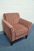 A STRIPPED UPHOLSTERED ARMCHAIR, width 73cm x depth 70cm