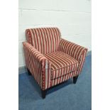 A STRIPPED UPHOLSTERED ARMCHAIR, width 73cm x depth 70cm