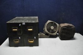 A METAL THREE DRAWER FILING CABINET along with two vintage/retro fan heaters, one a Xpelair and