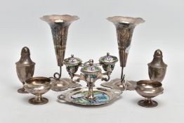 A SELECTION OF WHITE METAL ITEMS, to include two posy vases each with a wavy rim, decorated with a