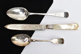 LATE 18TH CENTURY SILVER SPOON WITH ADDITIONAL SPOON AND SILVER AND MOTHER OF PEARL KNIFE, an old