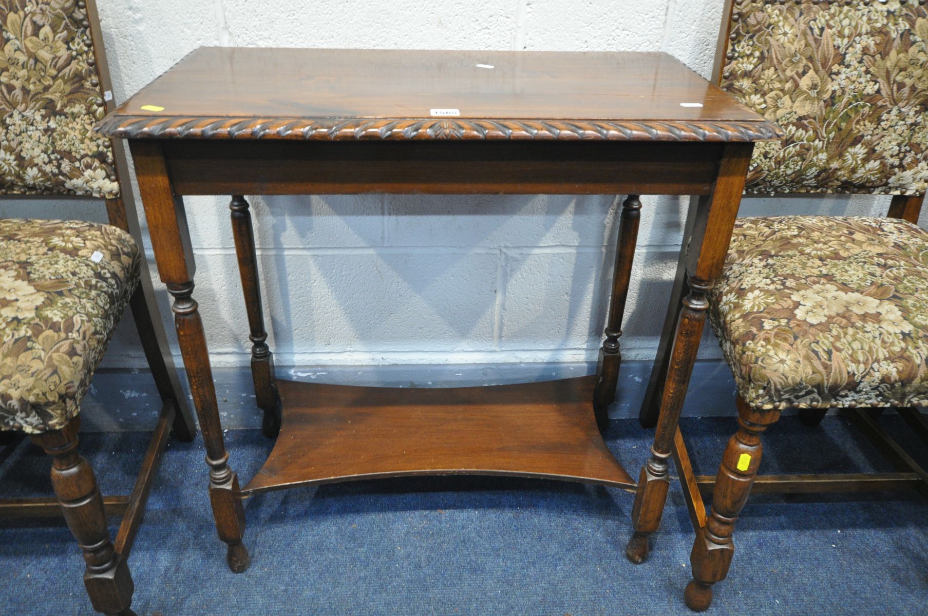 A SET OF FOUR OAK CHAIRS with upholstered back and seat, and a mahogany rectangular occasional table - Image 3 of 3