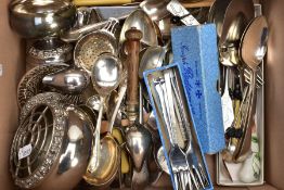 A BOX OF ASSORTED ITEMS, to include two silver plated oasis flower pots, a white metal open work