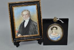 AN EARLY 19TH CENTURY OVAL PORTRAIT MINIATURE OF A YOUNG LADY, on ivory, the panel glued onto a