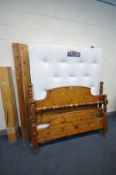 A SOLID PINE 5FT BEDSTEAD with side rails, slats and bolts, along with a silent night micrapocket