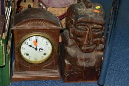 A BOX AND LOOSE TREEN, WICKER ITEMS, CLOCK ETC, to include a barrel shaped fishing creel with
