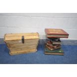 A SMALL HARDWOOD AND IRON BANDED DOMED TRUNK, width 90cm x depth 30cm x height 33cm, and a