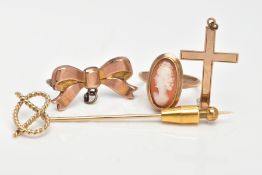 A 9CT GOLD CAMEO RING, 9CT GOLD STICK PIN, YELLOW METAL BROOCH AND CROSS PENDANT, one elongated oval