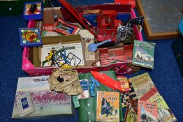 A BOX OF CHILDRENS VINTAGE TOYS AND GAMES, including a Tri-ang red painted metal crane with decals