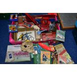 A BOX OF CHILDRENS VINTAGE TOYS AND GAMES, including a Tri-ang red painted metal crane with decals