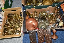 THREE BOXES OF METAL WARES, to include mainly brass and copper items, over thirty brass bells,