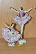 TWO ALKA DRESDEN FIGURINES OF BALLERINAS WITH PORCELAIN ENCRUSTED LACE DRESSES, the taller figure '