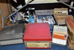 FOUR BOXES AND LOOSE CDS, SEVENTY EIGHT RPM RECORDS, PICTURES, PORTABLE RECORD PLAYER, REEL TO