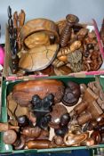 TWO BOXES AND LOOSE TREEN, to include mainly tourist wares from all over the globe, masks from Bali,