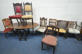 AN OAK OVAL GATE LEG TABLE, along with eight various chairs, to include a beech bergère back rocking