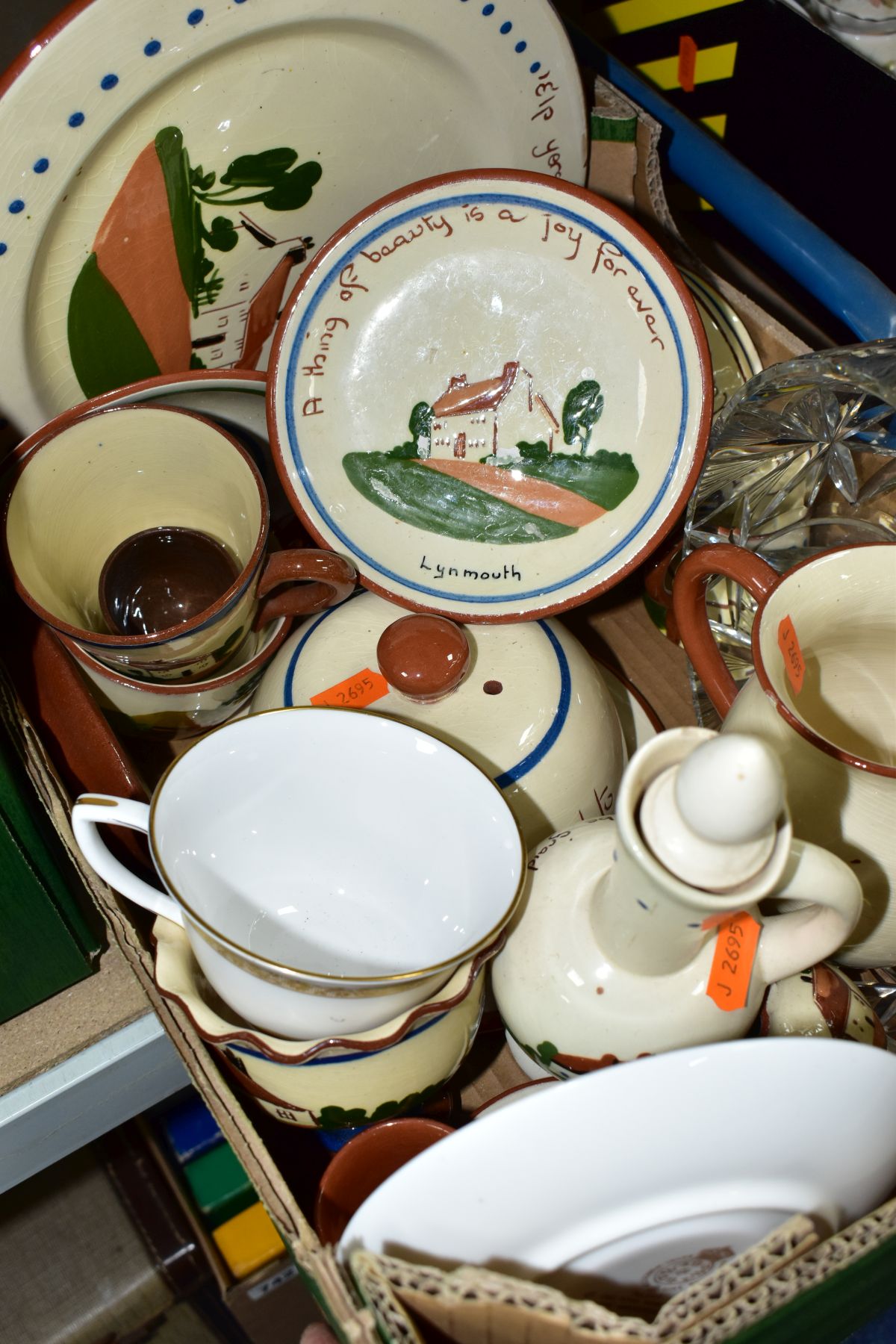 A BOX OF DEVON MOTTO WARE ETC, to include cups, cheese dish with cover, egg cups, water jug etc - Image 3 of 6