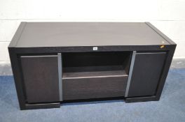 A QUBA OAK BLACK STAINED TV STAND with two cupboard doors flanking an open shelf above a single