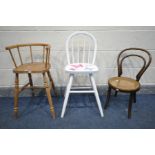 A BEECH CHILDS HIGH CHAIR, a bentwood child chair and a painted high chair (3)