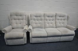 A CREAM UPHOLSTERED MANUAL RECLINING TWO PIECE SUITE, comprising a three seater settee and an
