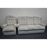 A CREAM UPHOLSTERED MANUAL RECLINING TWO PIECE SUITE, comprising a three seater settee and an
